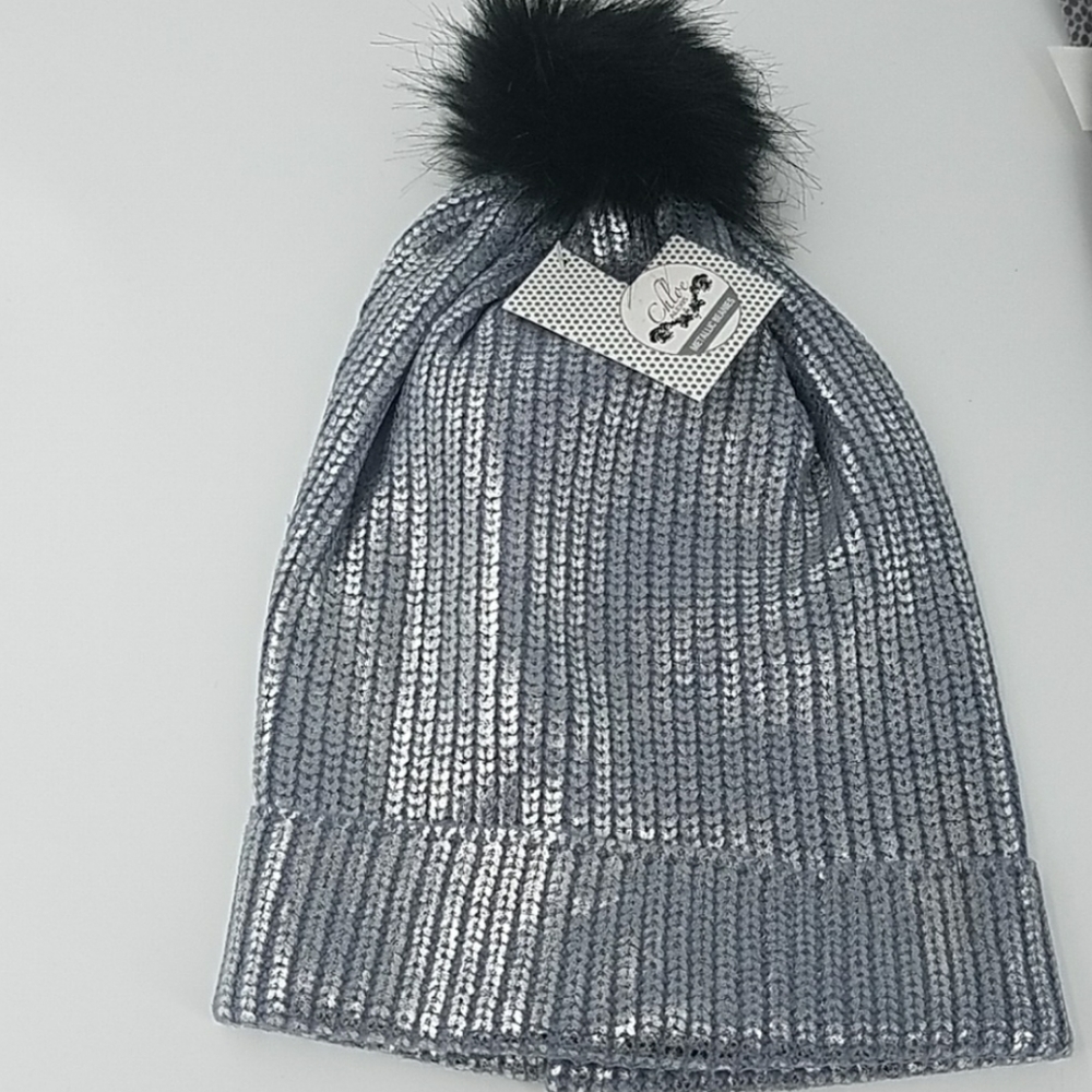 NWT Faux Fur Pom Metallic Foil Knit Cuff Beanie
